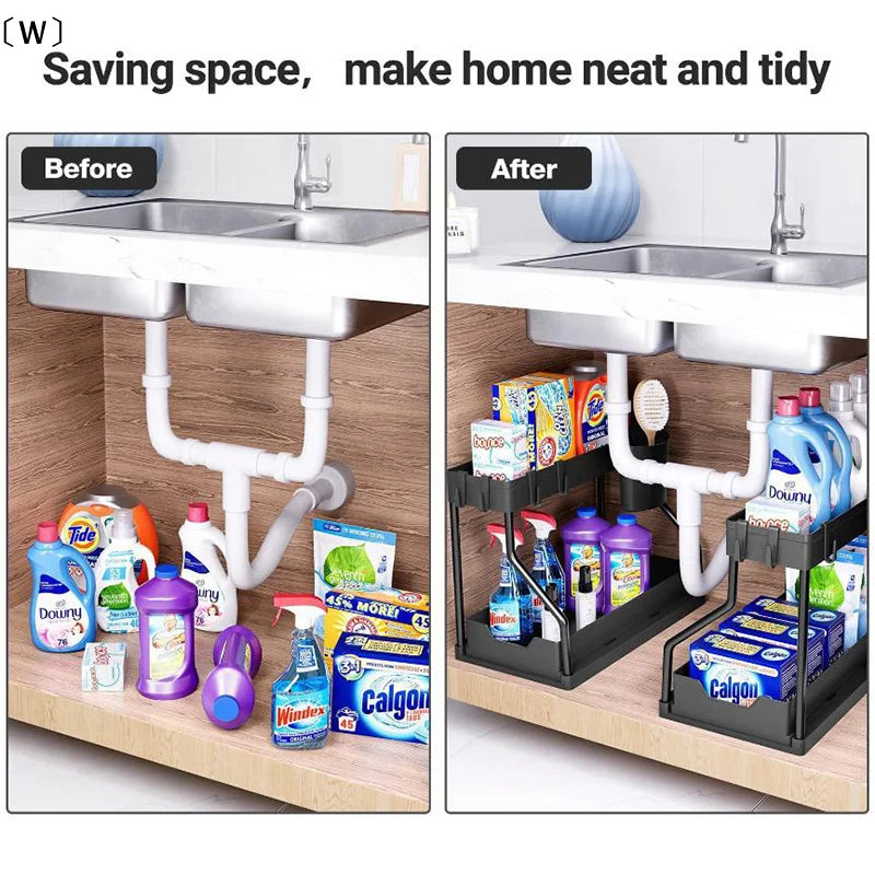 Under the Sink Organizers ,2 Tier, sliding drawer, Under Bathroom Cabinet Holder With Hooks & Hanging Cup, Multi-Purpose Storage Shelf For Kitchen