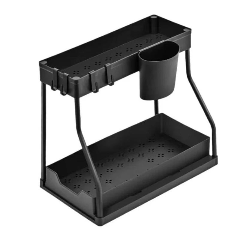 Under the Sink Organizers ,2 Tier, sliding drawer, Under Bathroom Cabinet Holder With Hooks & Hanging Cup, Multi-Purpose Storage Shelf For Kitchen