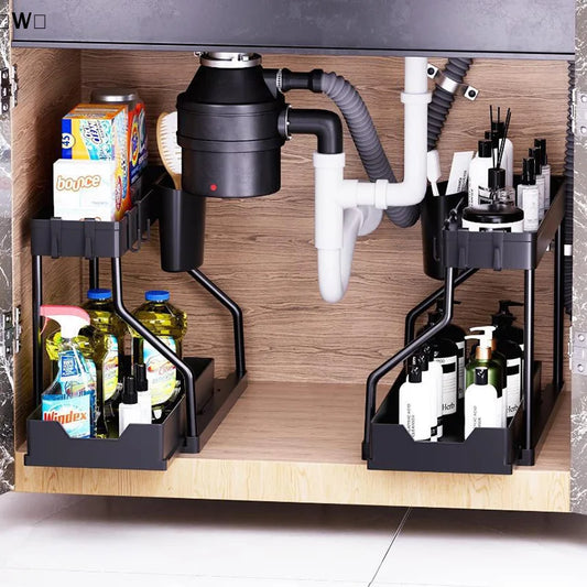 Under the Sink Organizers ,2 Tier, sliding drawer, Under Bathroom Cabinet Holder With Hooks & Hanging Cup, Multi-Purpose Storage Shelf For Kitchen