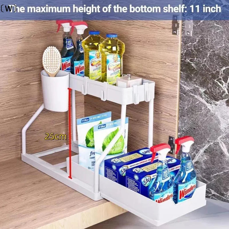 Under the Sink Organizers ,2 Tier, sliding drawer, Under Bathroom Cabinet Holder With Hooks & Hanging Cup, Multi-Purpose Storage Shelf For Kitchen