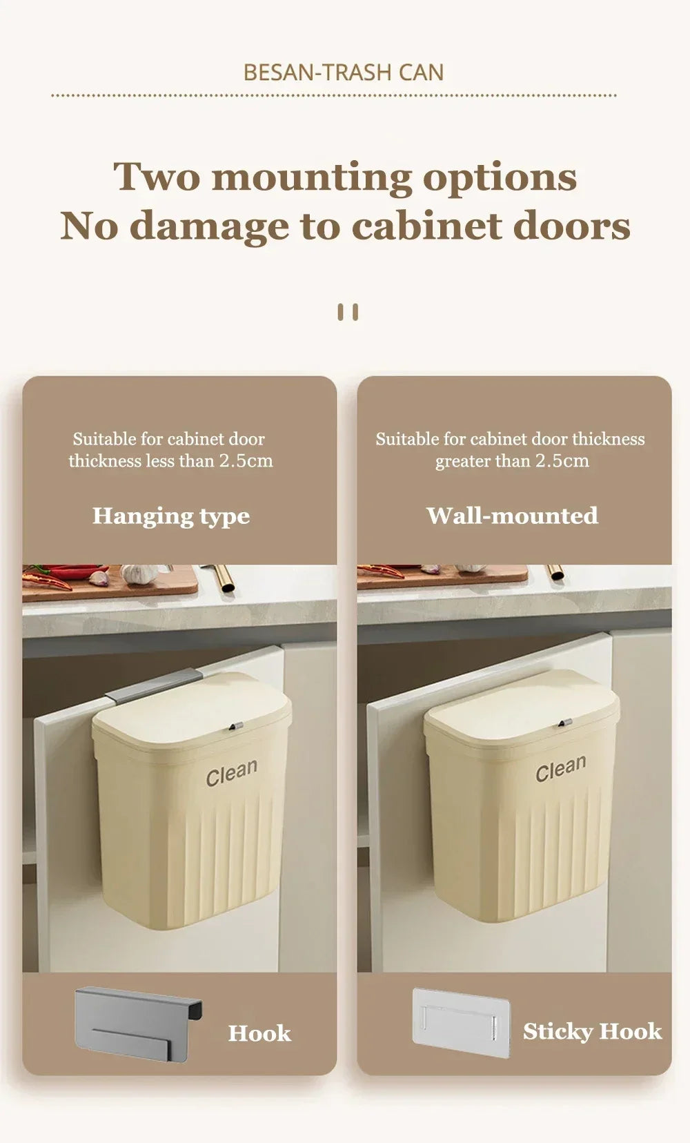 12L Kitchen Trash Can Wall Mounted Hanging Trash Bin with Lid Garbage Can for Cabinet Under Sink Waste Garbage Compost Bin Trash