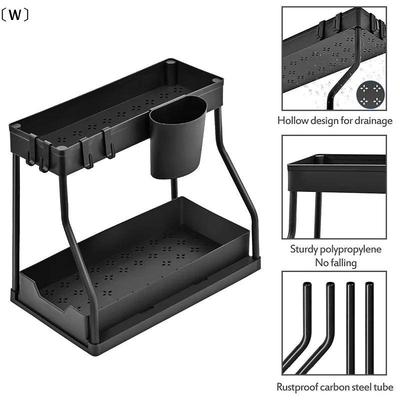 Under the Sink Organizers ,2 Tier, sliding drawer, Under Bathroom Cabinet Holder With Hooks & Hanging Cup, Multi-Purpose Storage Shelf For Kitchen