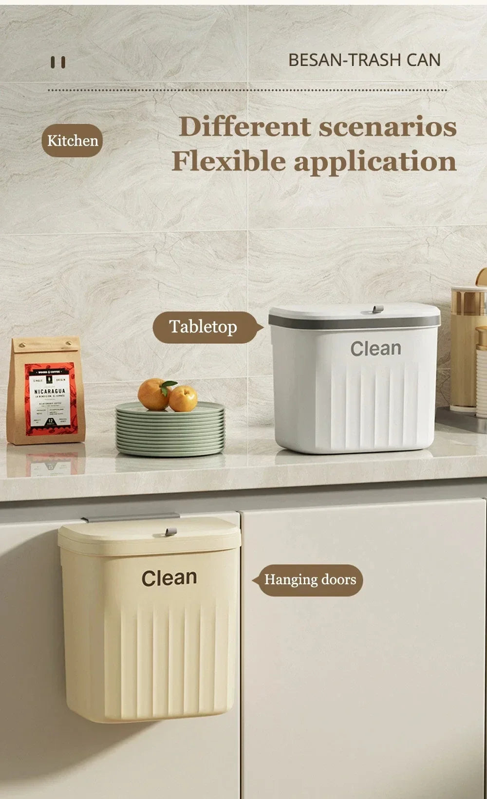 12L Kitchen Trash Can Wall Mounted Hanging Trash Bin with Lid Garbage Can for Cabinet Under Sink Waste Garbage Compost Bin Trash