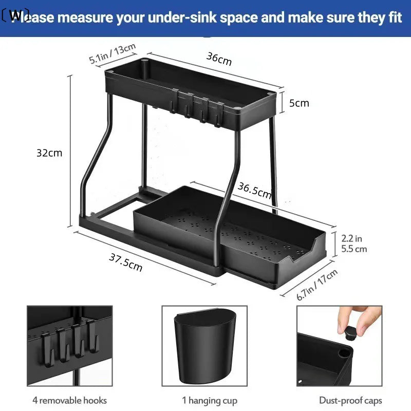 Under the Sink Organizers ,2 Tier, sliding drawer, Under Bathroom Cabinet Holder With Hooks & Hanging Cup, Multi-Purpose Storage Shelf For Kitchen