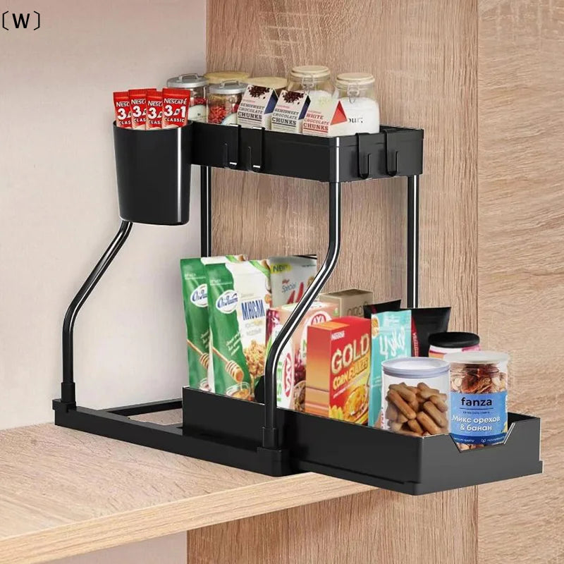 Under the Sink Organizers ,2 Tier, sliding drawer, Under Bathroom Cabinet Holder With Hooks & Hanging Cup, Multi-Purpose Storage Shelf For Kitchen
