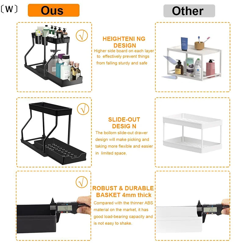 Under the Sink Organizers ,2 Tier, sliding drawer, Under Bathroom Cabinet Holder With Hooks & Hanging Cup, Multi-Purpose Storage Shelf For Kitchen